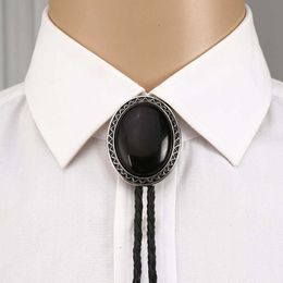 Bolo Ties Ovale vorm zwarte agateoxny bolo tie voor man Indiase cowboy western cowgirl lederen touw zinklegering stropdas golfzijde HKD230719