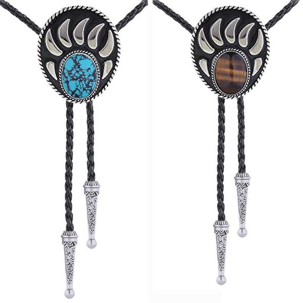 Bolo Cravates Totem Ours imprimé turquoise Oeil de tigre pierre bolo cravate collier corde Western cowboy bolo cravate HKD230719