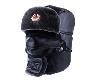 Bommenwerper hoed Russische ushanka pu lederen winter trapper sovjet badge leger Aviator trooper nek dekking oorflap sneeuw ski cap met masker T4328003