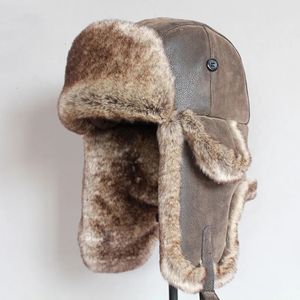 Bomber Chapeaux d'hiver Hommes chauds russe Ushanka avec rabat d'oreille Pu Leather Fur Trapper Cap Elapt pour femmes 231222