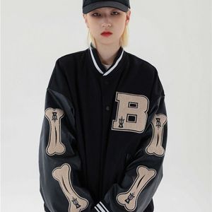 Bomber Jacket Femme Hip Hop Furry Bone Patchwork Couleur Harajuku Streetwear Baseball Manteaux Unise 211014