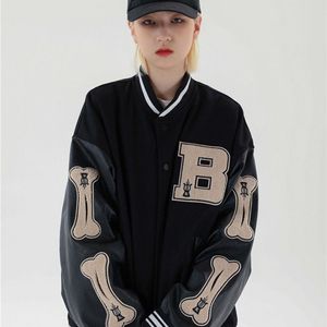Bomber Jacket Femme Hip Hop Furry Bone Patchwork Couleur Harajuku Streetwear Bomber Veste Femme Baseball Manteaux Unise 211109