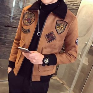 Bomber Jackets Red Mens Piloot en Coat Fur Collar Erkek Khaki Winter Slim Fit Deerskin Parka Velvet Groothandel