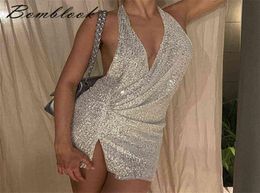 BombLook 2022 Nouveau licou paillettes Slit Sexy Mini robe femme Bar Robe de soirée robe de soirée Original Design Y2204017687063