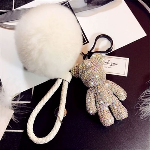 Bomgom Crystal Popobe Gleomy Bear Keychain Key Key Bold Bolson Pom Pom Pom Pom Poque Llave de llave Key Ring Pending 21984