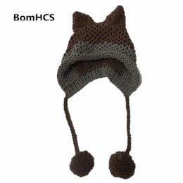 BomHCS Cute Ears Beanie Winter Warm 100% gorro de punto hecho a mano 211126
