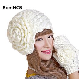 BomHCS gorro de invierno cálido guantes traje hecho a mano gorro de ganchillo gorros guante con una flor grande para sombrero o guantes LJ201120226U