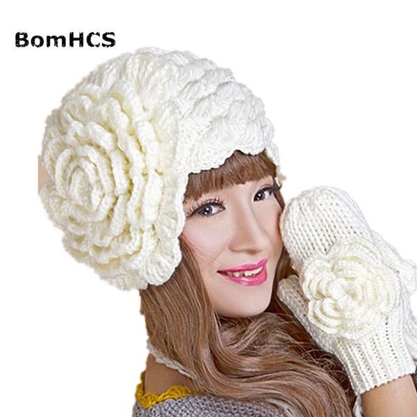 BomHCS hiver chaud bonnet gants costume à la main tricot Crochet chapeau casquettes gant avec une grande fleur pour chapeau ou gants LJ2011202892