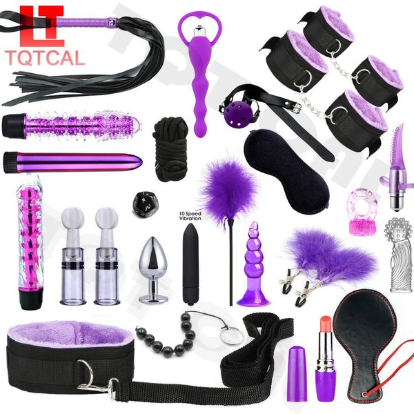 Bondage 25 unids sexy kits bdsm esposas de felpa adultos juegos sexuales bondage set látigo mordaza abrazaderas de pezón anal plug vibrador juguetes sexuales para mujeres 231121