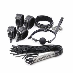 Bondage 5pcs BDSM Bondage Set Esclave Collier Bdsm Cuir Sexe Menottes Cheville Sexy Fouet Bouche Ouverte Gag Ball Sex Toy Kit pour Femme 230710