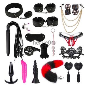 Bondage BDSM Kits Adultos Juguetes sexuales para parejas Esposas Abrazaderas para pezones Látigo Nalgadas Sexo Metal Anal Plug Vibrador Cama exótica Bondage Set x0928