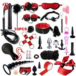 Bondage Bdsm SexLove Set Kits BDSM Adultos Juguetes sexuales para mujeres Hombres Esposas Abrazaderas para pezones Látigo Nalgadas Sexo Metal Anal Plug Vibrador Butt