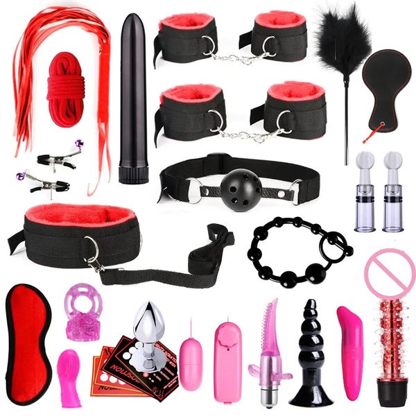 Bondage Bdsm SexLove Set Kits BDSM Adultes Jouets sexuels pour femmes Hommes Menottes Pinces à tétons Fouet Fessée Métal Plug Anal Vibrateur Fesses 231114