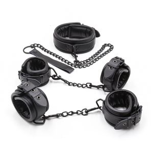 Bondage noir en cuir véritable Bdsm, ensemble 3 pièces, colliers de retenue, manchettes de cheville, menottes pour jouets sexuels pour adultes 230901