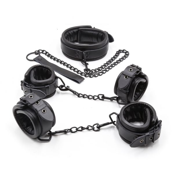 Bondage Negro Cuero genuino Bdsm Set 3 unids Restricciones Collares Tobillo Manguito Esposas para juguetes sexuales Adultos 230901