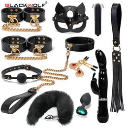 bondage BLACKWOLF bdsm bondage kits lederen terughoudendheid set handboeien kraag gag konijn vibrators volwassen speeltjes voor vrouwen koppels 230825