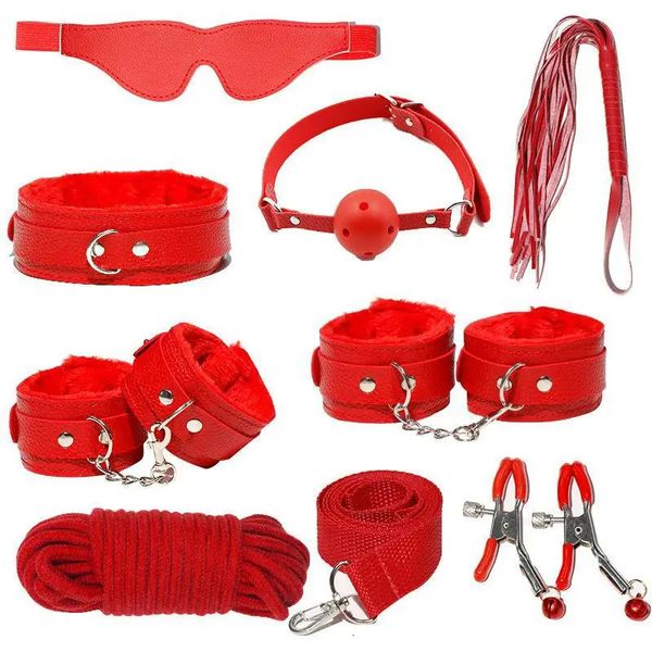 Bondage Dog esclave Pu Leather Whip Collier en peluche poignet Chepps à la cheville Masque Masque des yeux Pougle Masque Clips Flogger Sex Toys for Women 240428