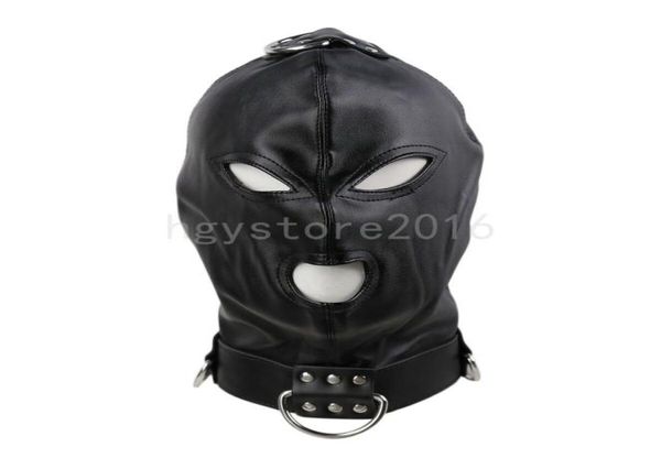 Bondage visage yeux Gimp capuche harnais bouche ouverte en cuir PU masque à capuche complet bandeau nouveau A6754475009