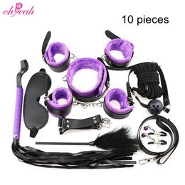 Bondage Precio de fábrica SM Leopard Leather Sex Adult BDSM 10 piezas Juego de bondage de lujo Juguetes