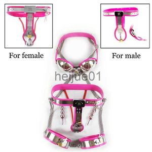 Bondage Mujer / Hombre Esclavo 3 unids Set Cinturón de Castidad Bragas Jaula de Polla Dispositivo de Acero Inoxidable BDSM Restricción Sujetador Ropa Interior Muslo Puños Kit x0928