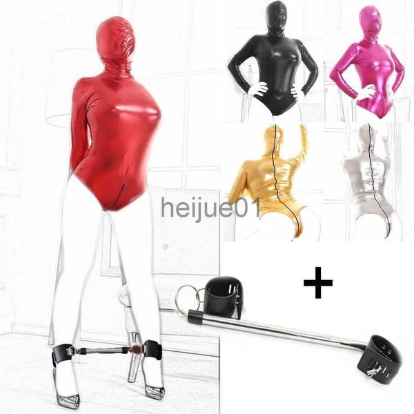 Bondage en cuir verni Body Harnais Tête d'esclave Masque Costume Costume SM Slip de retenue Roleplay Barre d'écartement Jambe ouverte Cheville Poignets Jeu x0928