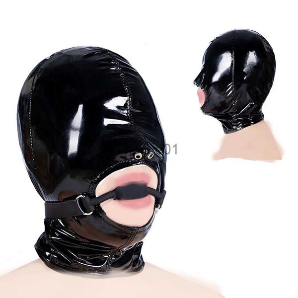 Bondage en cuir verni couvre-chef bouche ouverte tête harnais capuche avec fermeture à glissière BDSM bondage joint torique bouche ouverte gag ensemble jouets sexuels pour adultes x0928