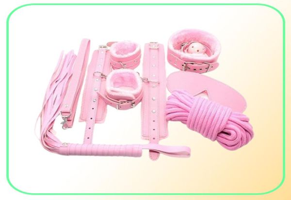 Bondage Pink PU Fur Bondage Set Gag Lade Hand Toble Tobillo de los ojos del cuello del cuello con los ojos E94788069999