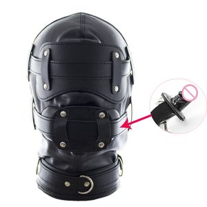 Bondage PU lederen masker hoofddeksel met dildo mondknevels BDSM straffen verstikken volwassen spellen sexy kap fetisj koppels speelgoed