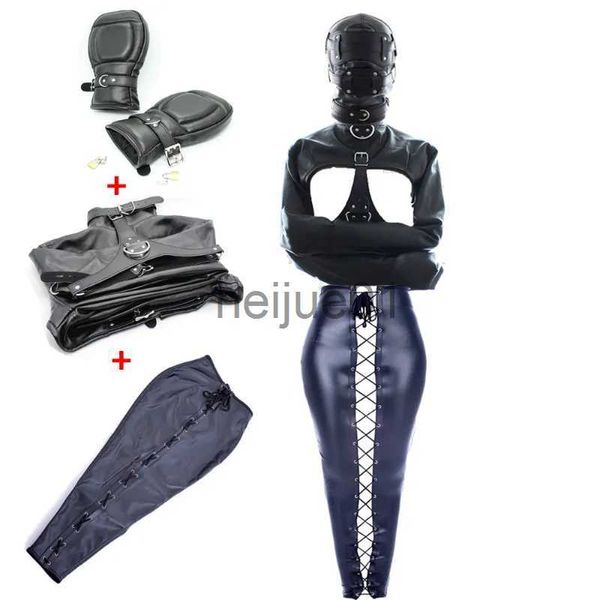 Bondage PU Cuero Abierto Pecho Camisa de fuerza Acolchado Guantes de boxeo Armbinder BDSM Restricción Piernas Arnés Bolsa Cabeza Capucha Consolador Gag Roleplay x0928