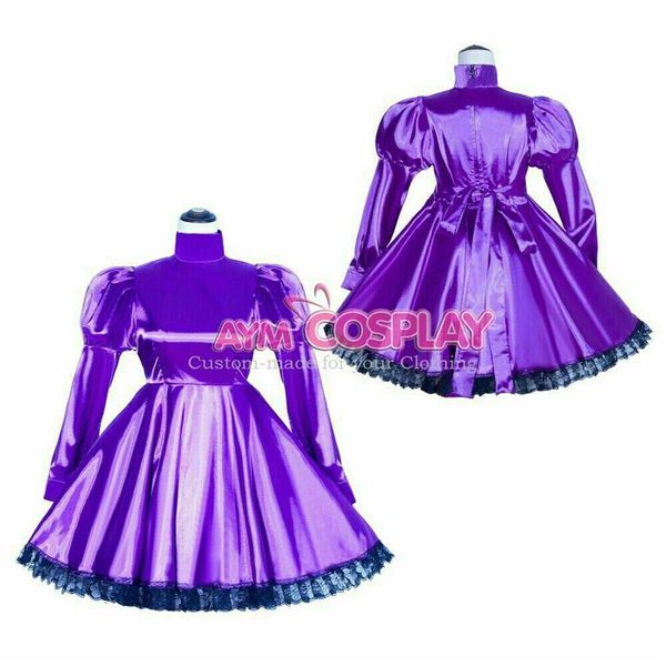 Bondage PVC verrouillable Dominate Femdom violet sissy satin maid dress259P