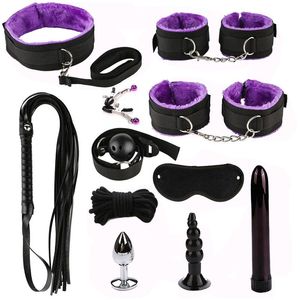 Bondage Sex Kit 11 piezas Juego de juegos para adultos Esposas Footcuff Whip Rope Blindfold para parejas Juguetes eróticos Productos SM
