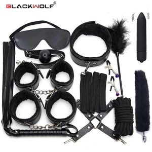 Bondage Sexy Leather BDSM Kits Plush Sex Bondage Set Handcuffs Sex Games Whip Gag Nipple Clamps Sex Toys For Couples Exotic Accessories 230825