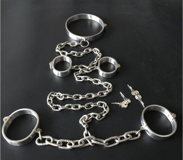 Bondage Esposas de acero inoxidable grilletes para los pies grilletes para las piernas accesorios de una pieza acondicionado esclavo femenino herramientas sm esclavo masculino dispositivos de tortura de metal juguetes sexuales