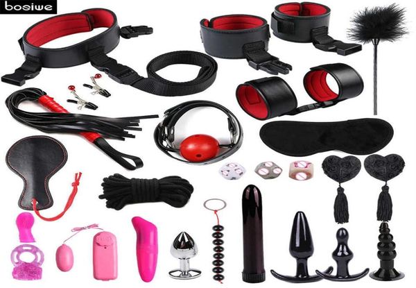 Vibradores de bondage 25 PC Set Toys Sex Toys para parejas Vibrador Anal de consolador Momos de tapón látigo PU Cuero BDSM Herramienta fetiche Y203610321