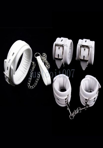 Menottes de bondage en cuir PU blanc, manchettes de cheville, collier de retenue avec laisse en chaîne, R983554863