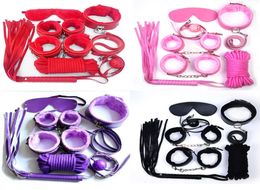 Bondages 7Pcsset Kit de bondage Fétiche BDSM Jeu de rôle Menottes Fouet Corde Bandeau Ball Gag BlackRedPinkPurple Slave Bondage 4804425