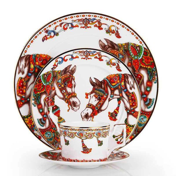 Ensemble d'assiettes à dîner et de tasses à café en porcelaine à bord doré, vaisselle haut de gamme à motif de cheval, assiettes à Steak de nourriture occidentale, boîte-cadeau