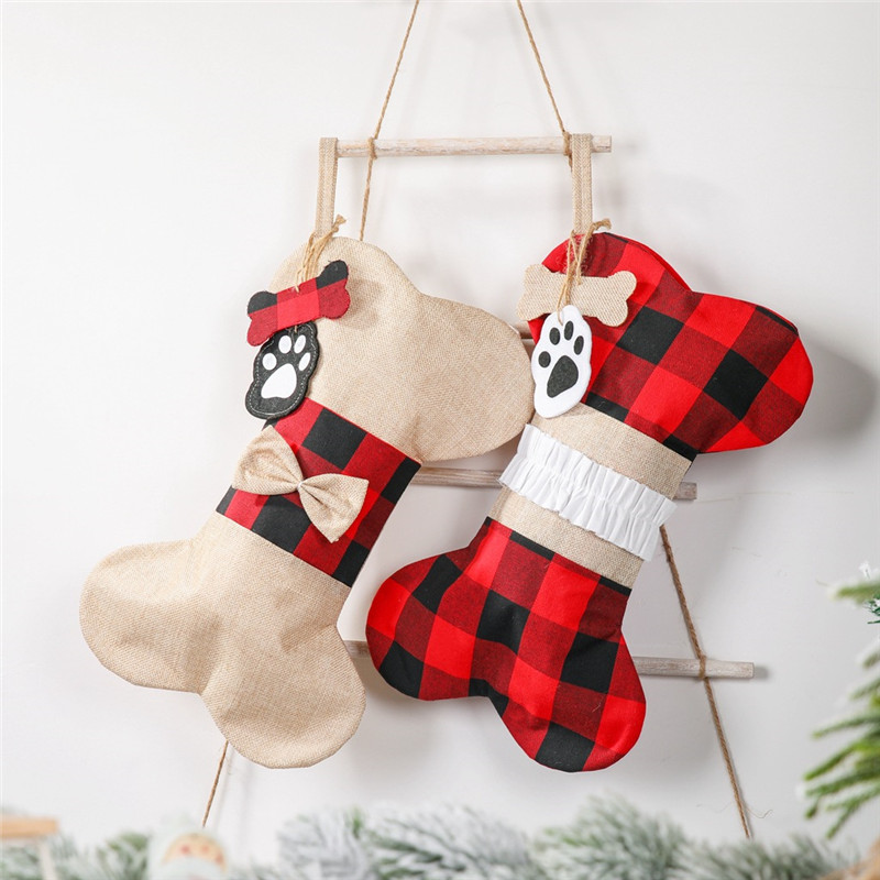 Bone Shaped Christmas Stocking Lattice Bone Shape Xmas Tree Hanging Socks Candy Gift Bag Xmas Socks Gift Holder