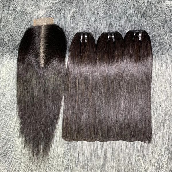 Paquetes de cabello humano crudo recto de hueso 100% 12A Cabello humano crudo recto Naturaleza Negro 3 paquetes con cierre 2x6 Encaje Cierre Kim K 240111