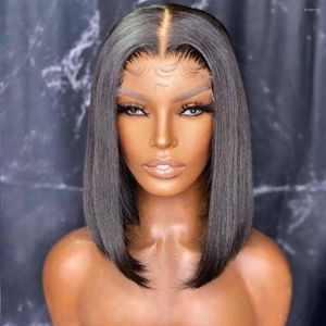 Perruque Bob Lace Closure Wig malaisienne naturelle Remy, cheveux courts lisses, coupe émoussée, Transparent HD, 5x5, pour femmes