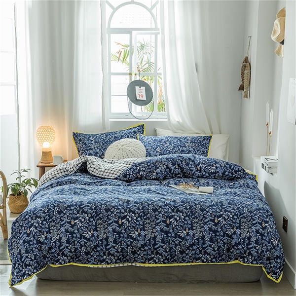 Bonenjoy Queen Size Literie Set Bleu et Orange Couleur Petite Fleur Linge de lit Double Taille pour adultes Literie simple 201021