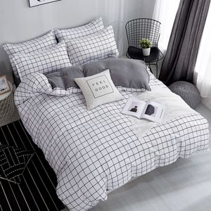 Bonenjoy Queen Size Bedding Set White Color Black Plaid Microfiber Reactive Printed King Size Bed Linnen Sets voor Slaapkamer Kit C0223