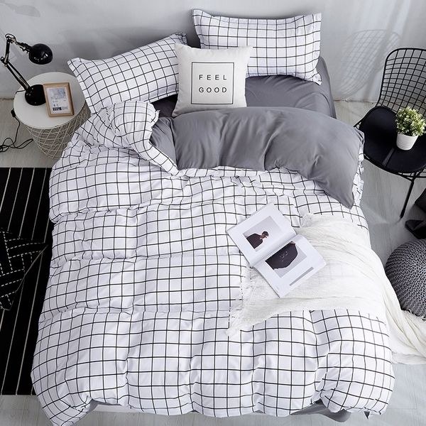 Bonenjoy Queen Size Juego de cama Color blanco Negro Plaid Microfibra Reactivo Impreso King Size Juegos de ropa de cama para dormitorio Kit 201119