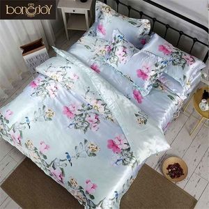 Bonenjoy Satijn Zijde Bed Linnen China Zijde Beddengoed Sets Queen King Size Bloemen Gedrukt Dekbedovertrek Twin Bedcloth Summer Lakens LJ200819