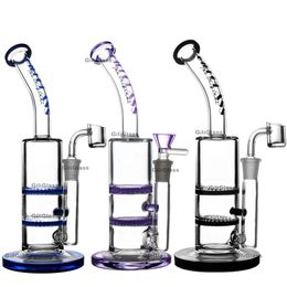 Double Honeycomb Glass Bong Oil Rig met Quartz Banger Bowl DAB Rigs Waterleidingen Bongs Wax Pijpen Hoofddiensten 5mm Dikke Zwarte Purple Hookahs