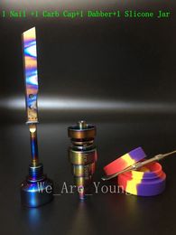 Bong Tool Set Anodisé Coloré Domeless Gr2 Titanium Nail Rainbow Carb Cap Dabber Slicone Jar pour Conduites D'eau En Verre