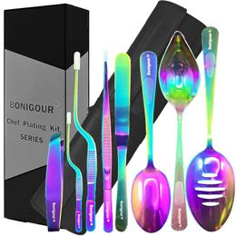 Bonigour Professiona Tools Ensemble culinaire 9 pièces, pinces à spatule haute, spatule à poisson, cuillères, pinces de chef, ustensiles de cuisine – Kit de gastronomie moléculaire