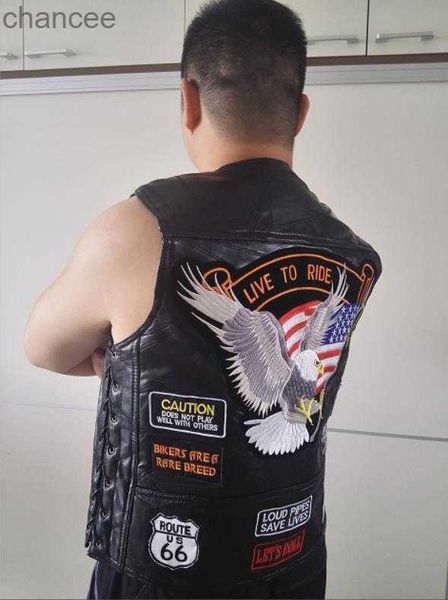 Gilet de moto en cuir véritable pour hommes de marque BONJEAN avec 14 patchs drapeau américain Eagle Biker gilets de haute qualité en peau de mouton US S-4XL HKD230828