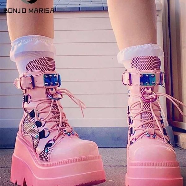 BONJOMARISA INS marca plataforma diseñador gótico botas de combate para mujer Punk cremallera rosa negro otoño malla moda mujer 211022