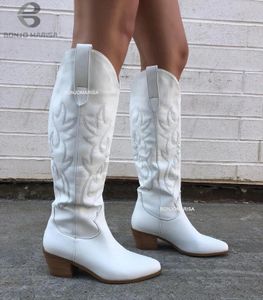 BONJOMARISA blanc Cowboy Cowgirls bottes occidentales broderie mode femmes bottes hautes automne conception femmes bottes chaussures 240130